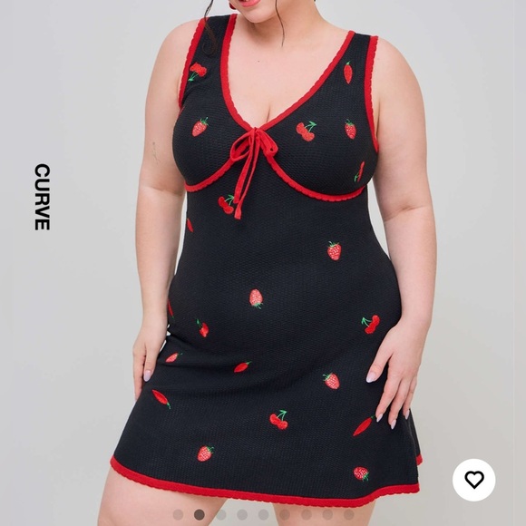 Knit V-Neck Strawberry, Cherry, Chili Embroidered knotted Mini Dress - Picture 1 of 6